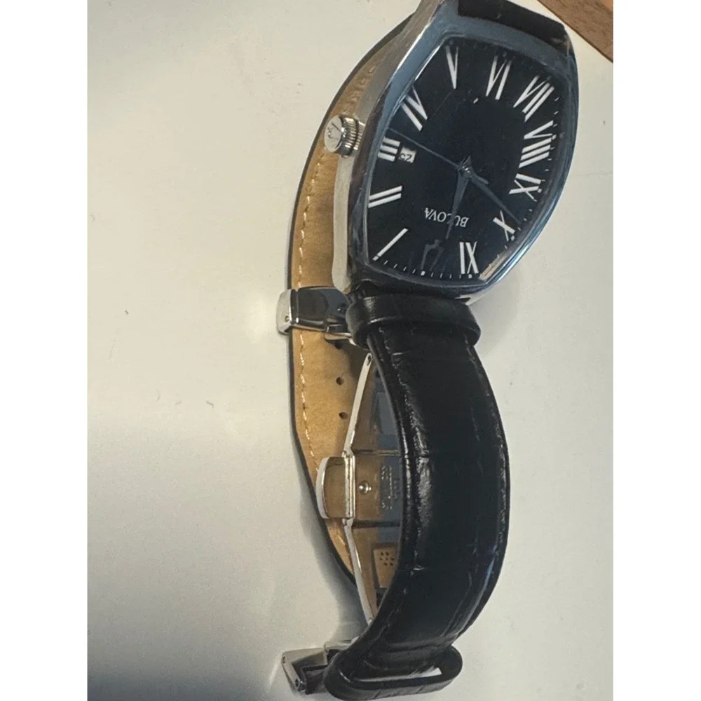 Bulova Watch Mens OS Black Roman Numeral Tonneau Leather Strap 96B290‎